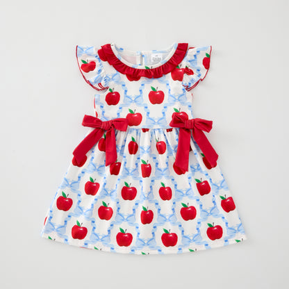 Girls Back To School Red Blue Apple Bow Dress