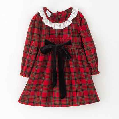 Girls Christmas Red & Black Plaid Lace Dress