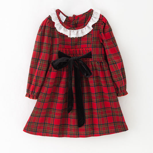 Girls Christmas Red & Black Plaid Lace Dress