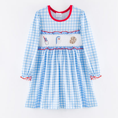 Girls Christmas Santa Cookies Embroidery Smock Blue Plaid Dress