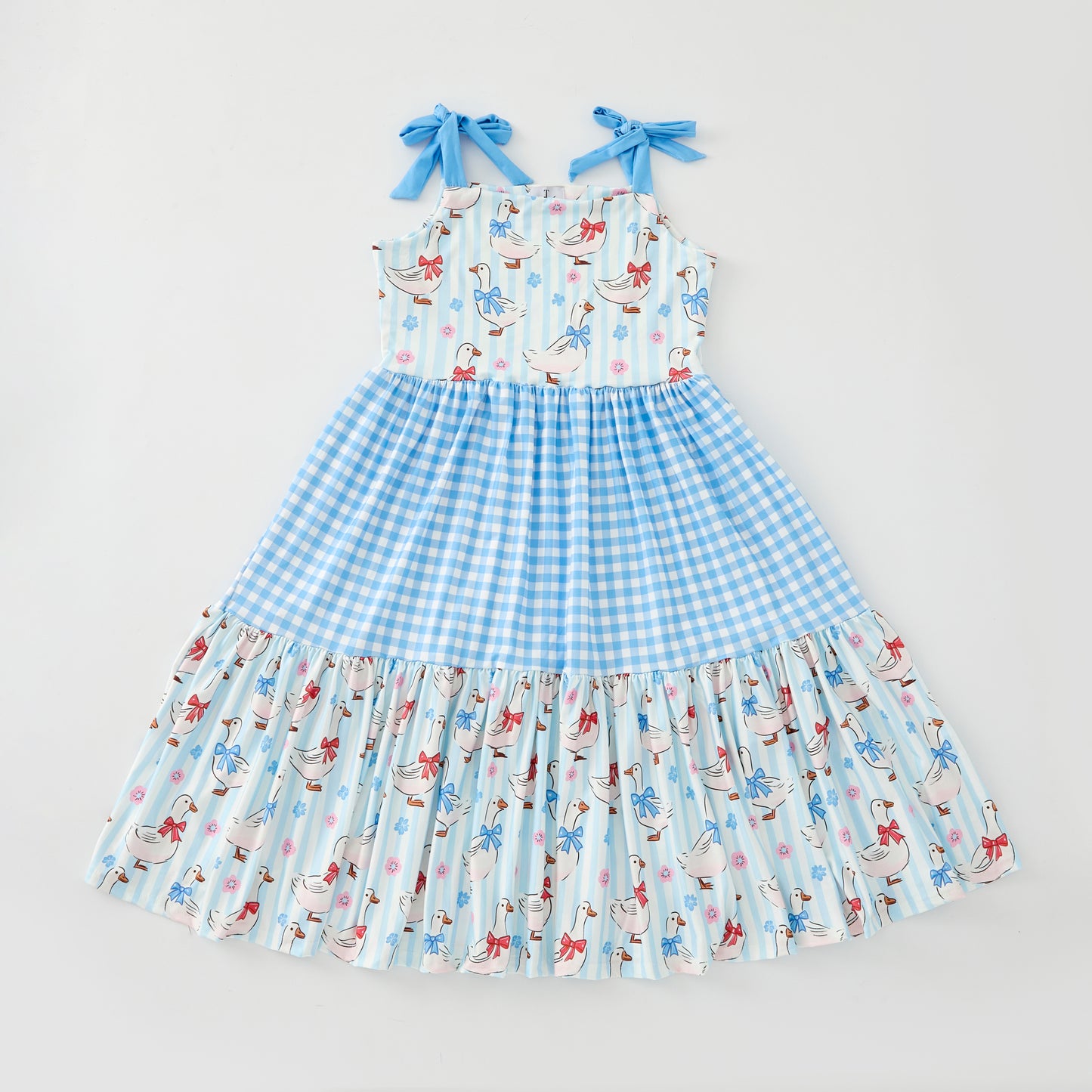Girls Blue Plaid Floral Print Slip Pacthwork Maxi Dress