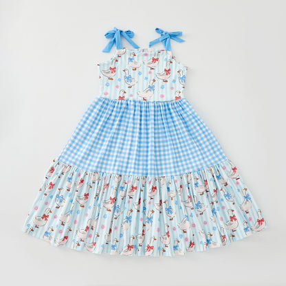 Girls Blue Plaid Floral Print Slip Pacthwork Maxi Dress