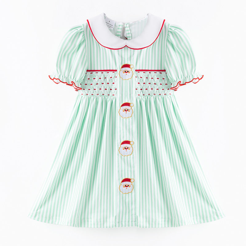 Christmas Kids Smocked Outfit Set – Santa Embroidery Green Sibling Collection
