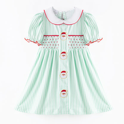 Christmas Kids Smocked Outfit Set – Santa Embroidery Green Sibling Collection