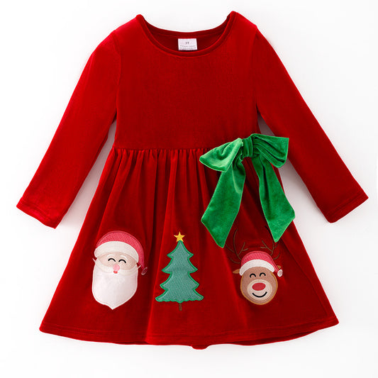 Christmas Velvet Dress with Santa, Tree & Reindeer Embroidery