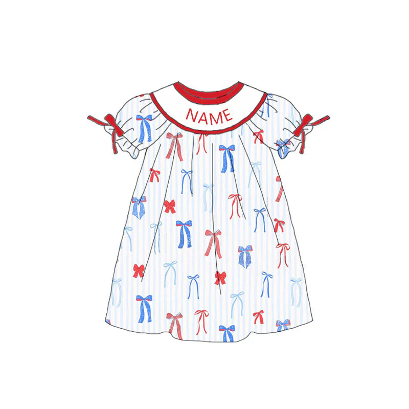 Girls July 4th Red Blue Bow Smocked Custom Name Dress And Romper