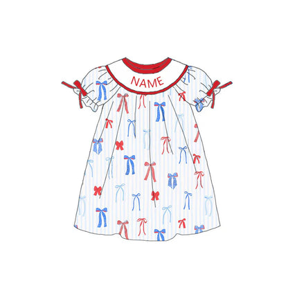 Girls July 4th Red Blue Bow Smocked Custom Name Dress And Romper