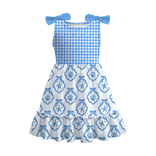 Girls Summer Blue Plaid Bow Sea Print Dress