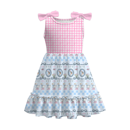 Girls Summer Pink Plaid Cute Bow Print Dress