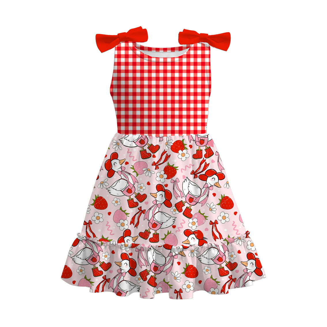 Girls Summer Red Plaid Silly Goose Print Dress