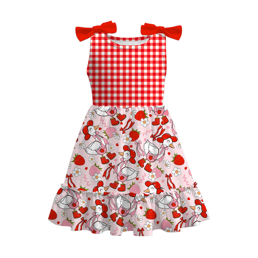 Girls Summer Red Plaid Silly Goose Print Dress