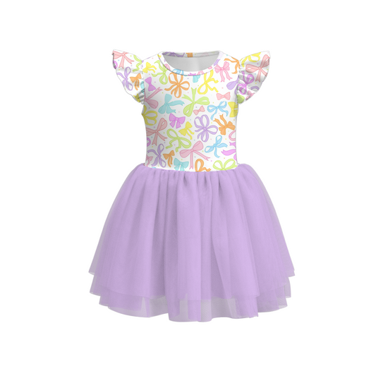 Girls Summer Colorful Bow Lavender Tulle Dress