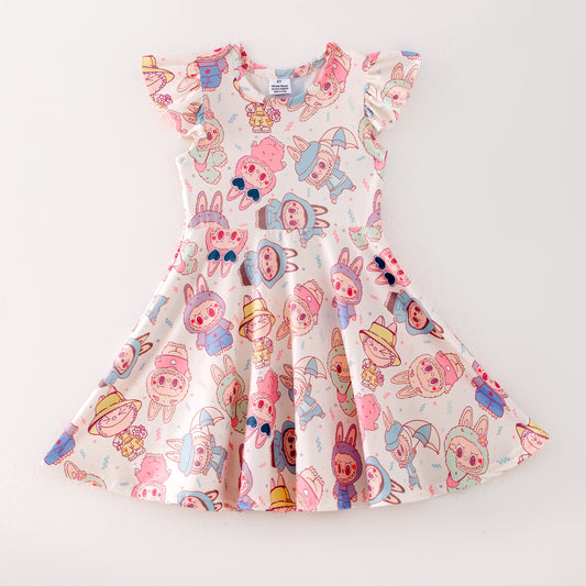 Girls Summer Cute LABUBU Cartoon Print Twirl Dress