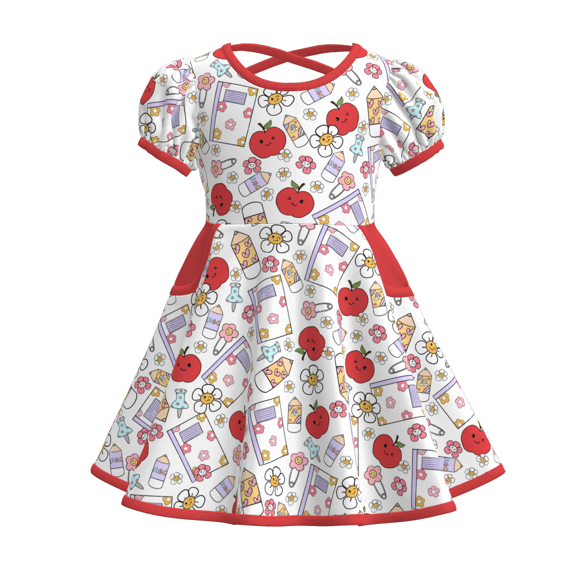 Girls Back To School Print Short Sleeves Twirl Dress