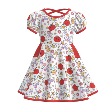 Girls Back To School Print Short Sleeves Twirl Dress