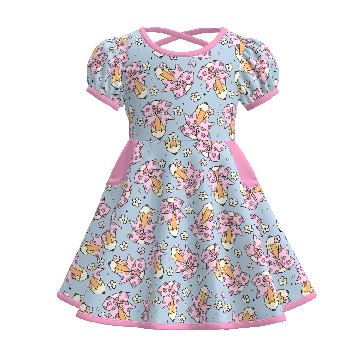 Girls Back To School Print Short Sleeves Twirl Dress