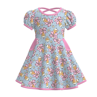 Girls Back To School Print Short Sleeves Twirl Dress