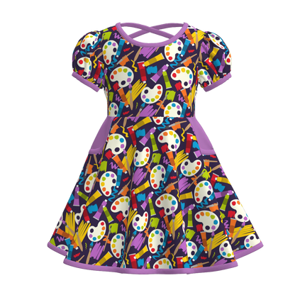 Girls Back To School Print Short Sleeves Twirl Dress