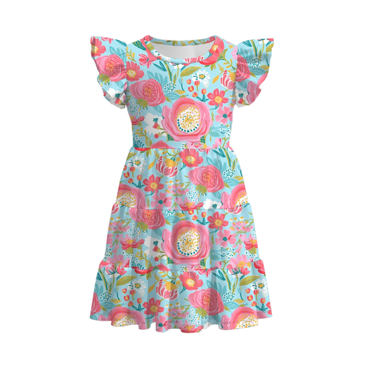 Mommy And Me Summer Coral Blue Floral Matching Dress Set