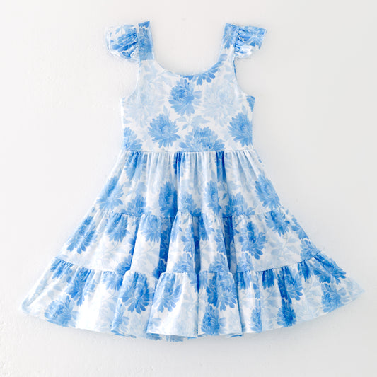 Girls Summer Blue Floral Print Patchwork Dress
