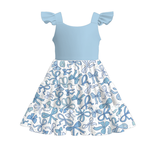 Girls Summer Blue Bow Print Patchwork Dress