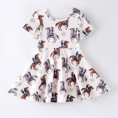 Girls Summer Horse Print Cute Twirl Dress