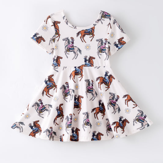 Girls Summer Horse Print Cute Twirl Dress