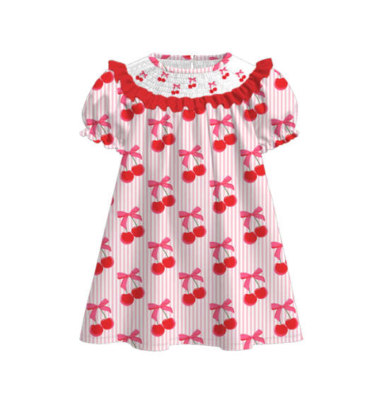 Girls Summer Cherry Embroidered Smocked Dress Romper
