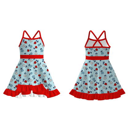 Girls July 4th Patriotic Red Blue Print Slip Outdoor Dress