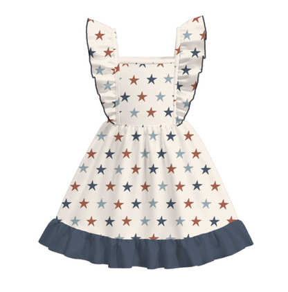 Girls 4th Of July Blue Red Star Print Ruffled Fashion Dress