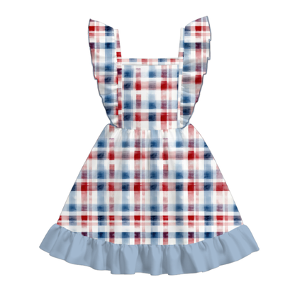 Girls 4th Of July Blue Red Star Print Ruffled Fashion Dress