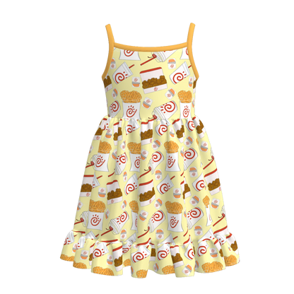 Girls Summer Goose Bow Drink Print Slip Ruffled Dress