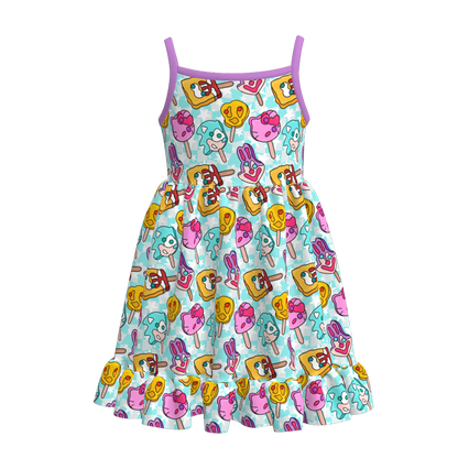 Girls Summer Goose Bow Drink Print Slip Ruffled Dress