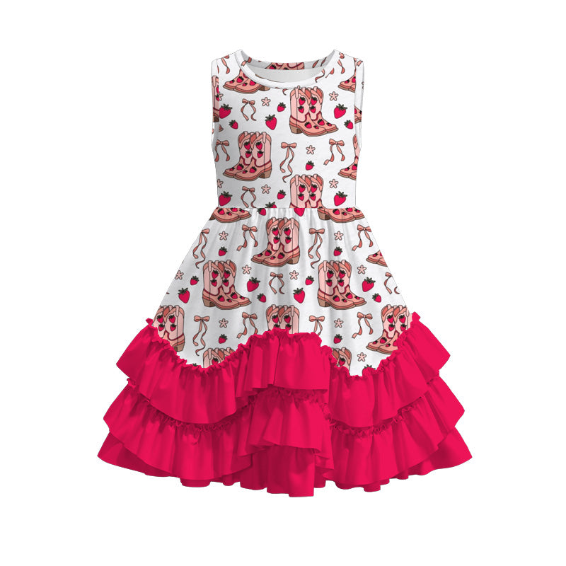 Girls Summer Strawberry Boot Red Ruffled Dress