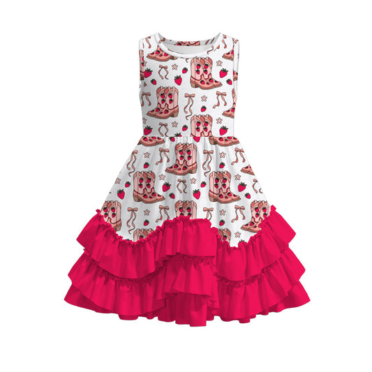 Girls Summer Strawberry Boot Red Ruffled Dress