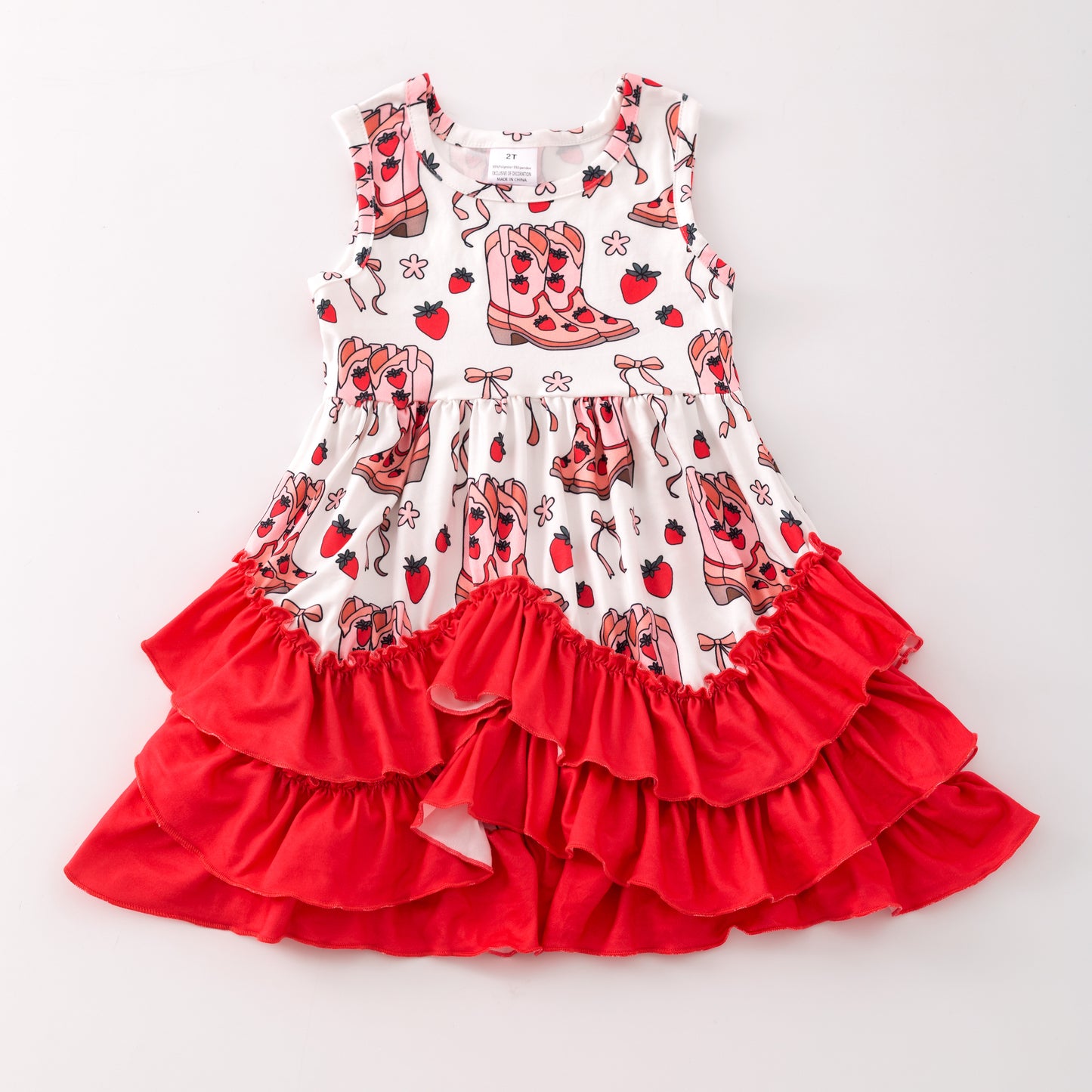 Girls Summer Strawberry Boot Red Ruffled Dress