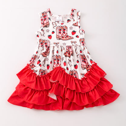 Girls Summer Strawberry Boot Red Ruffled Dress