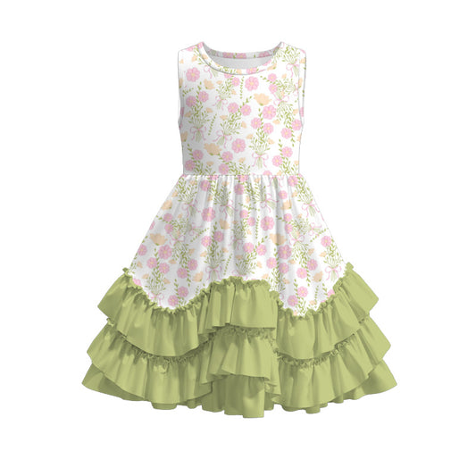 Girls Summer Floral Print Grass Green Ruffled Dress