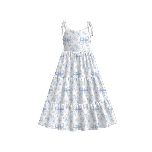 Mommy and Me Blue Bow Print Summer Soft Maxi Dress