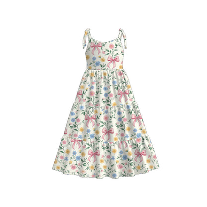 Mommy and Me Blue Bow Floral Print Summer Soft Maxi Dress