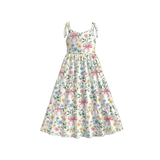 Mommy and Me Blue Bow Floral Print Summer Soft Maxi Dress