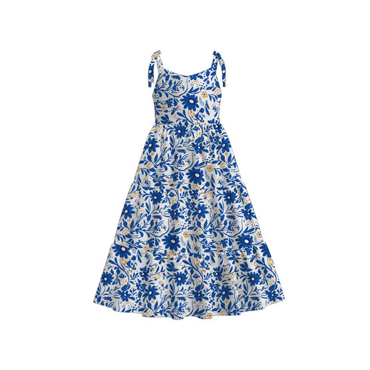 Mommy and Me Blue Floral Print Summer Soft Maxi Dress