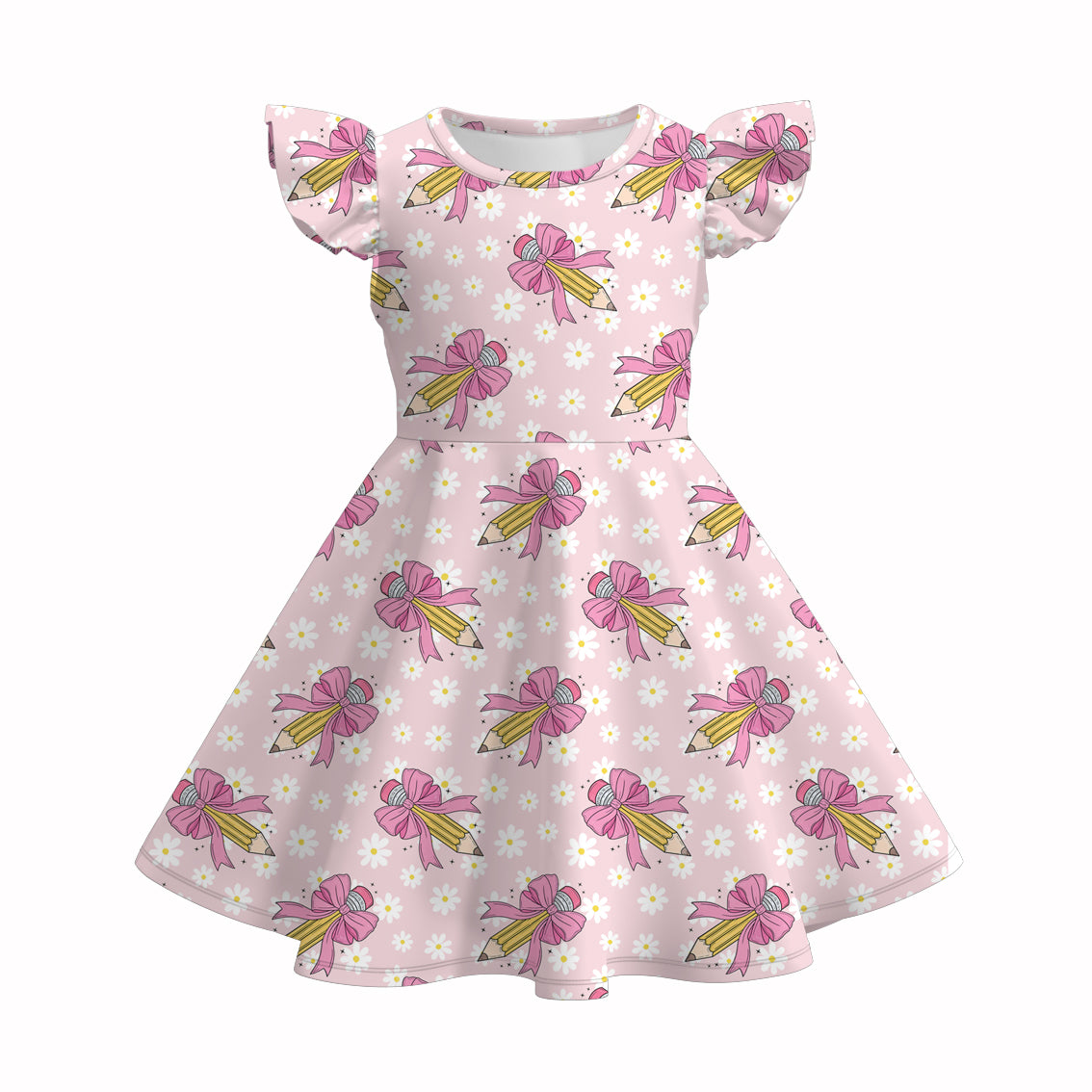 Girls Back To School Apple Pencil Print Short Set & Dress