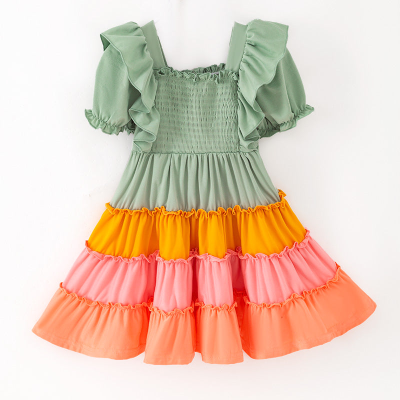 Mommy&Me Fall Autumn Orange Pink Green Smocked Maxi Dress