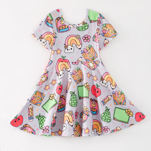 Girls Back To School Purple Rainbow Crayon Twirl Dress