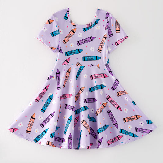 Girls Back To School Purple Crayon Twirl Dress
