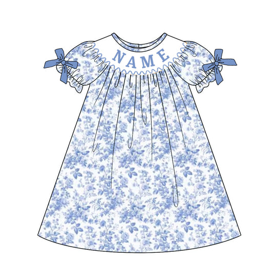 Girls Summer Blue Floral Custom Name Smocked Bow Dress