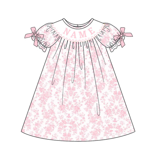 Girls Summer Pink Floral Custom Name Smocked Bow Dress