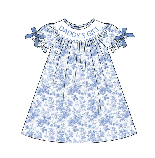 Girls Summer Blue Floral "DADDY'S GIRL" Smocked Bow Dress