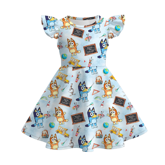 Girls Back To School Cartoon Blue Twirl Milk Silk Dress